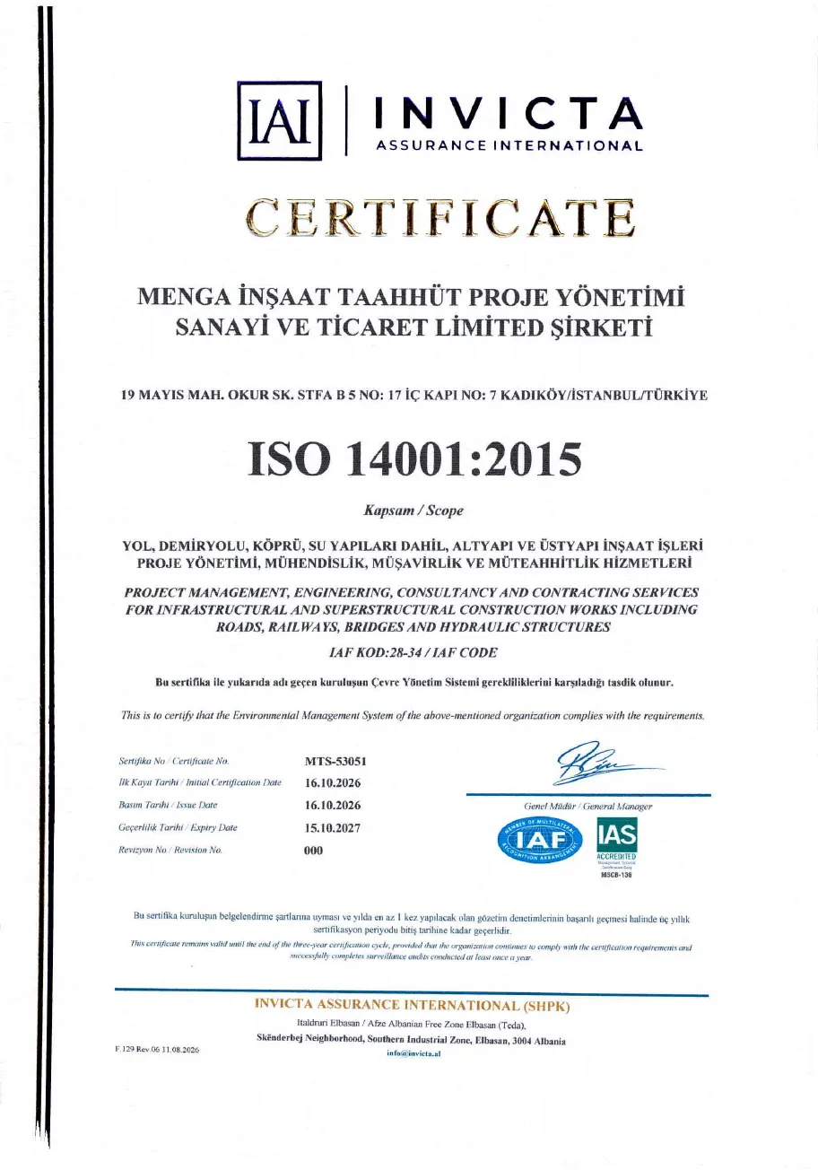 MengA İnşaat ISO 14001:2015 sertifikası