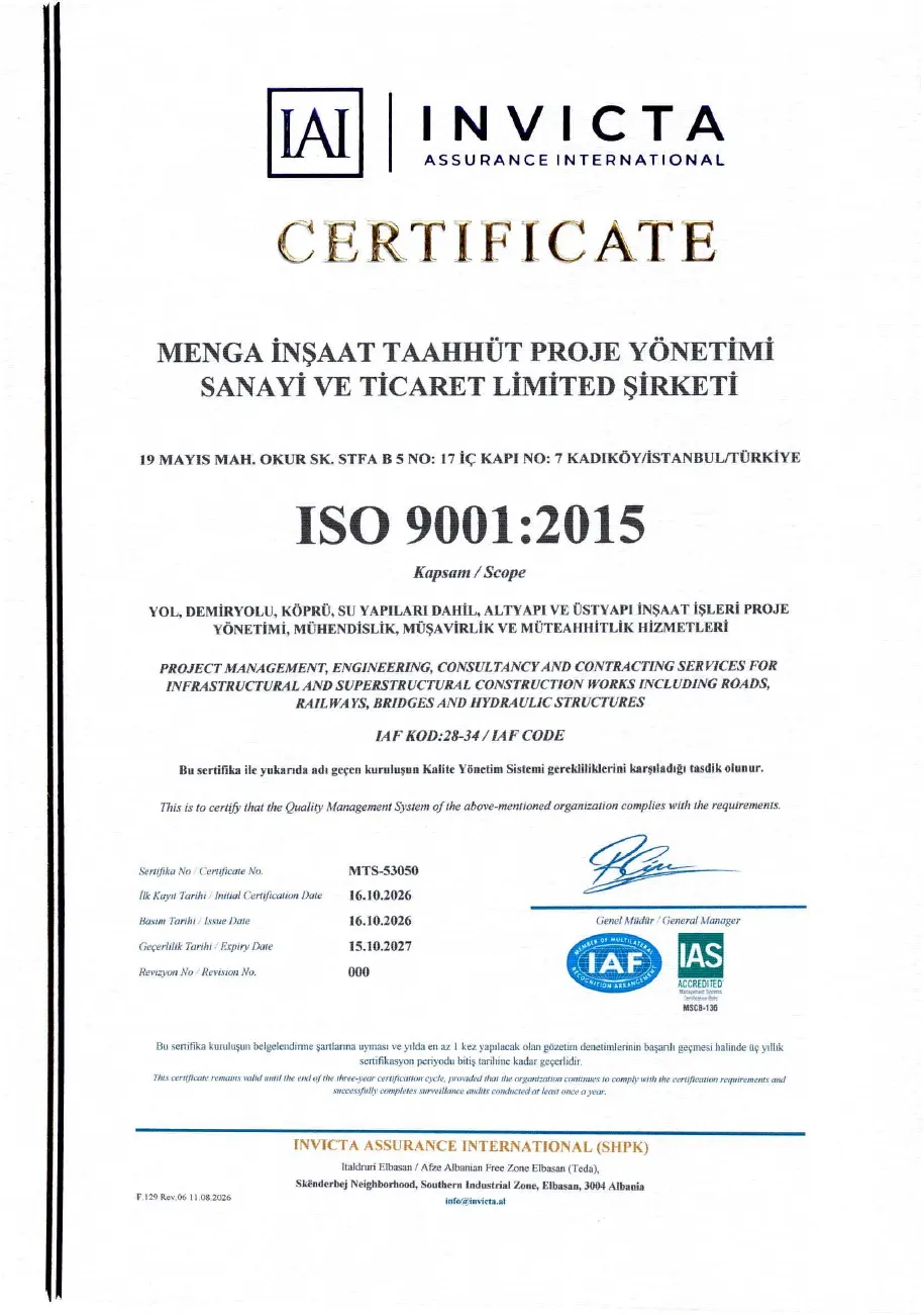 MengA İnşaat ISO 9001:2015 sertifikası